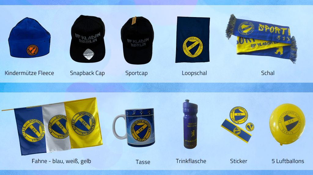 Zehn Fanartikel: Kindermütze Fleece, Snapback Cap, Sportcap, Loopschal, Schal, Fahne in Blau-Weiß-Gelb, Tasse, Trinkflasche, Sticker und fünf Luftballons