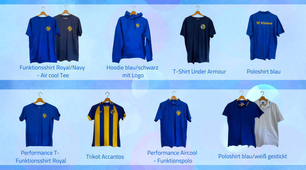 Acht Kleidungsstücke der Fanartikel-Kollektion: Funktionsshirt Royal/Navy (Air Cool Tee), Hoodie blau/schwarz mit Logo, T-Shirt Under Armour, Poloshirt blau, Performance-Funktionsshirt Royal, Trikot Accantos, Performance-Funktionspolo Aircool und Poloshirt blau/weiß gestickt