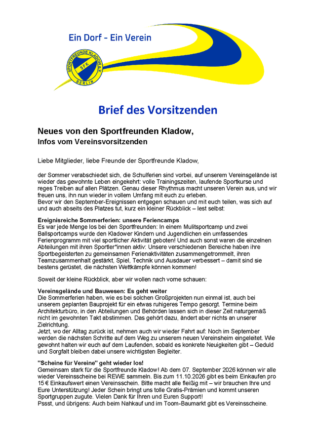 Erste Seite: Brief des Vorsitzenden – September 2026