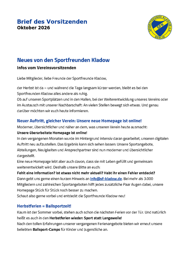 Erste Seite: Brief des Vorsitzenden – Oktober 2026